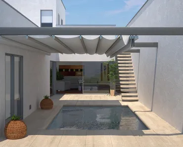 Pergola con copertura One scorrevole ad impacchettamento con tessuto impermeabile e oscurante di Pratic