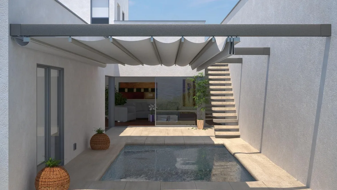 Pergola con copertura One scorrevole ad impacchettamento con tessuto impermeabile e oscurante di Pratic